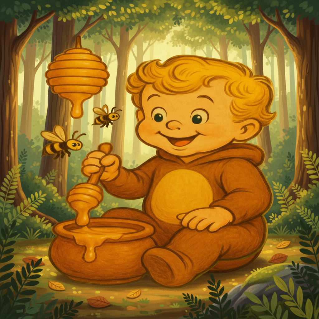 Illustration of a child in a bear costume with honey and bees, sitting under a tree.